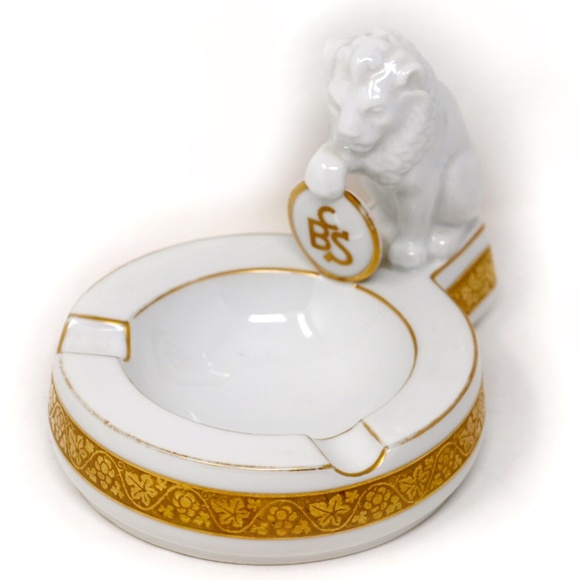 Rare! Large Lion Figurine Ashtray Heinrich & Co Selber Bavaria White Gold